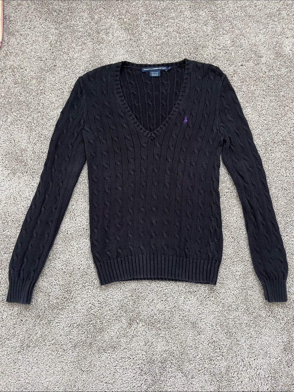 Ralph Lauren 100% Cotton Black Cable Knit V-Neck Sweater with Purple Logo